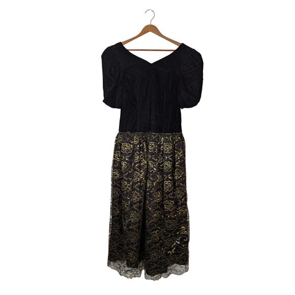Vtg 80s Formal Dress Expo Nite Womens Small Black Gold Lace Puffy Sleeves Party - Picture 1 of 7